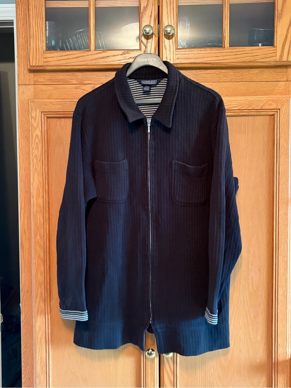 Lands' End women’s navy zip front sweater jacket wh&navy stripe cuffs size L